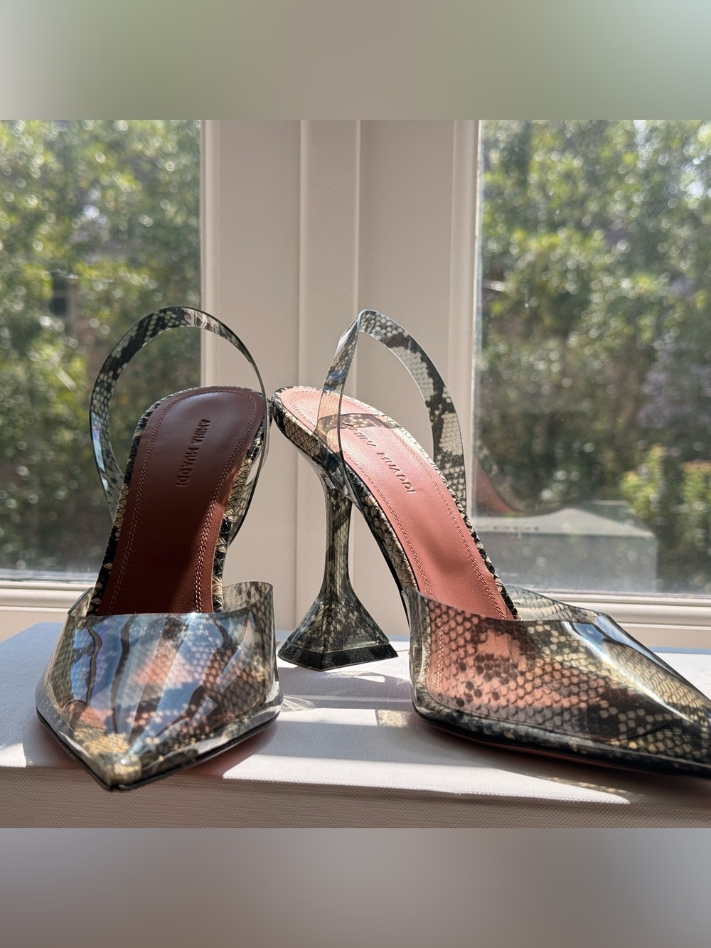 Amina Muaddi Snake-Print Pointed Slingback Heels in Neutral Snake